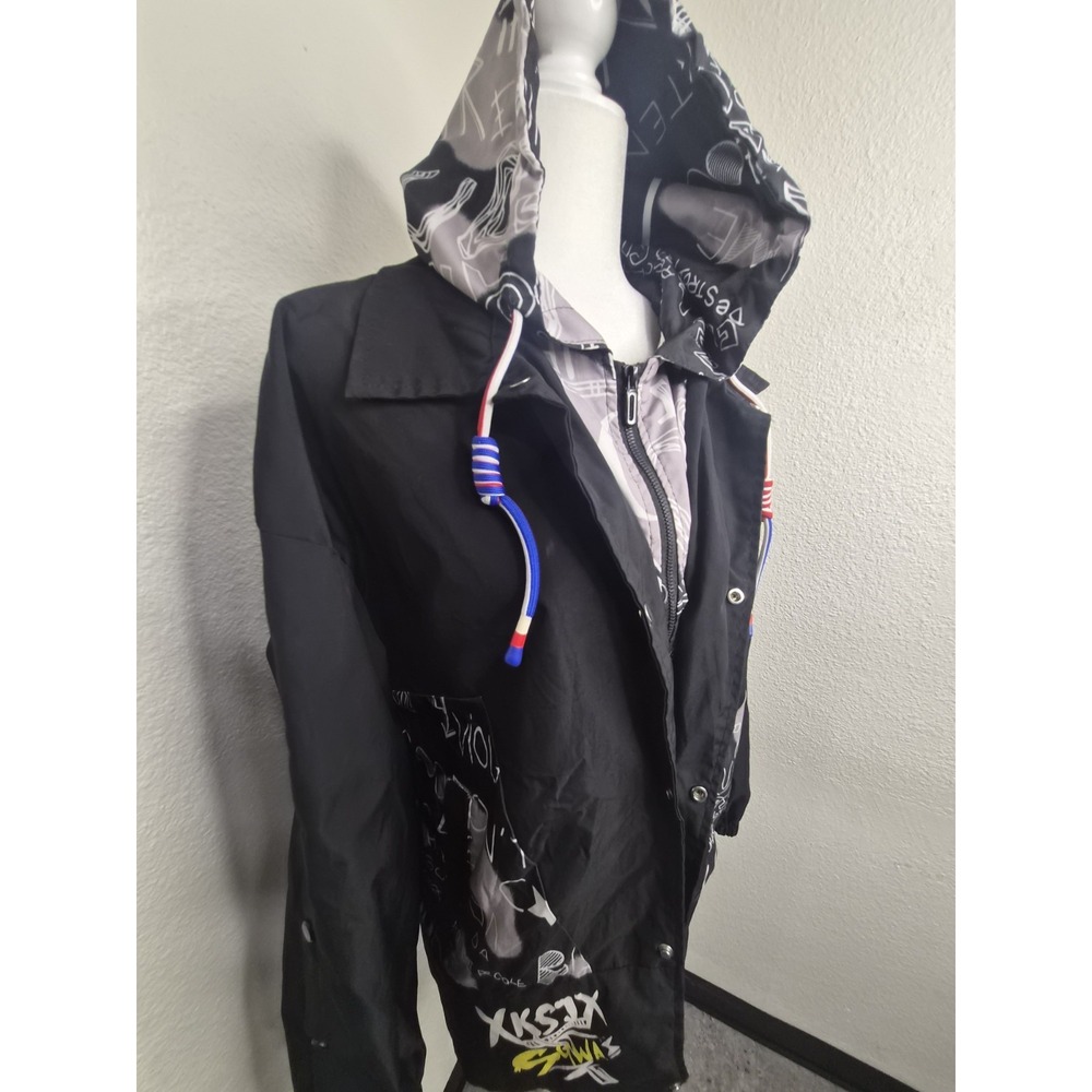 unique Graffiti Graphic Full Zip Hooded Windbreaker Jacket Men's M kids 2XL